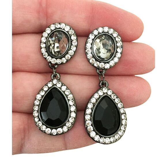Unbranded Jewelry - Drop Dangle Earrings - Large Faceted Black and Gray Stones with Rhinestones